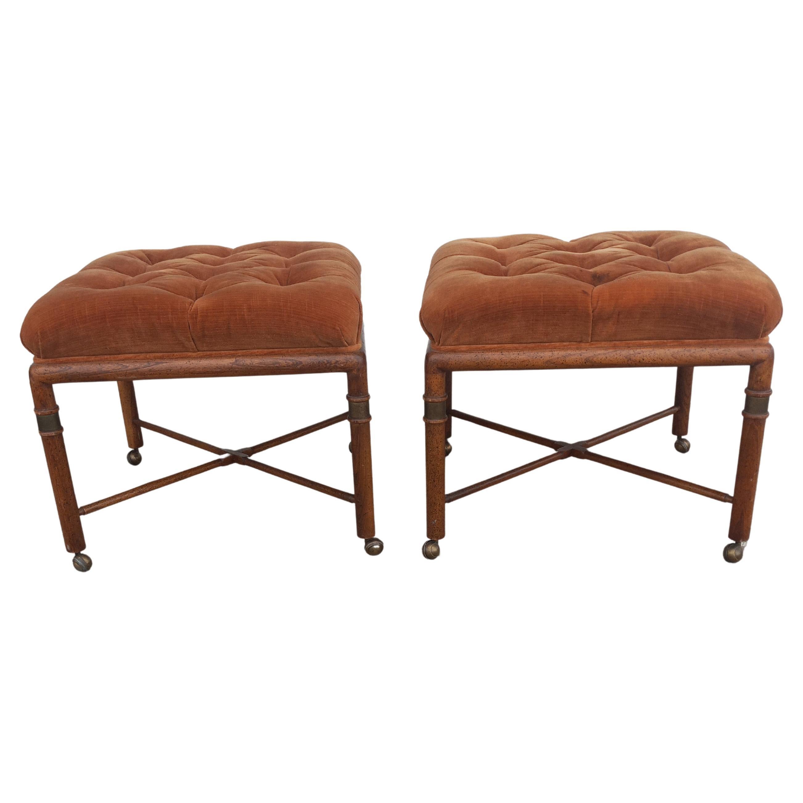 Beautiful Pair of Tufted Velour Ottomans w/ Faux Bamboo Legs by Hickory