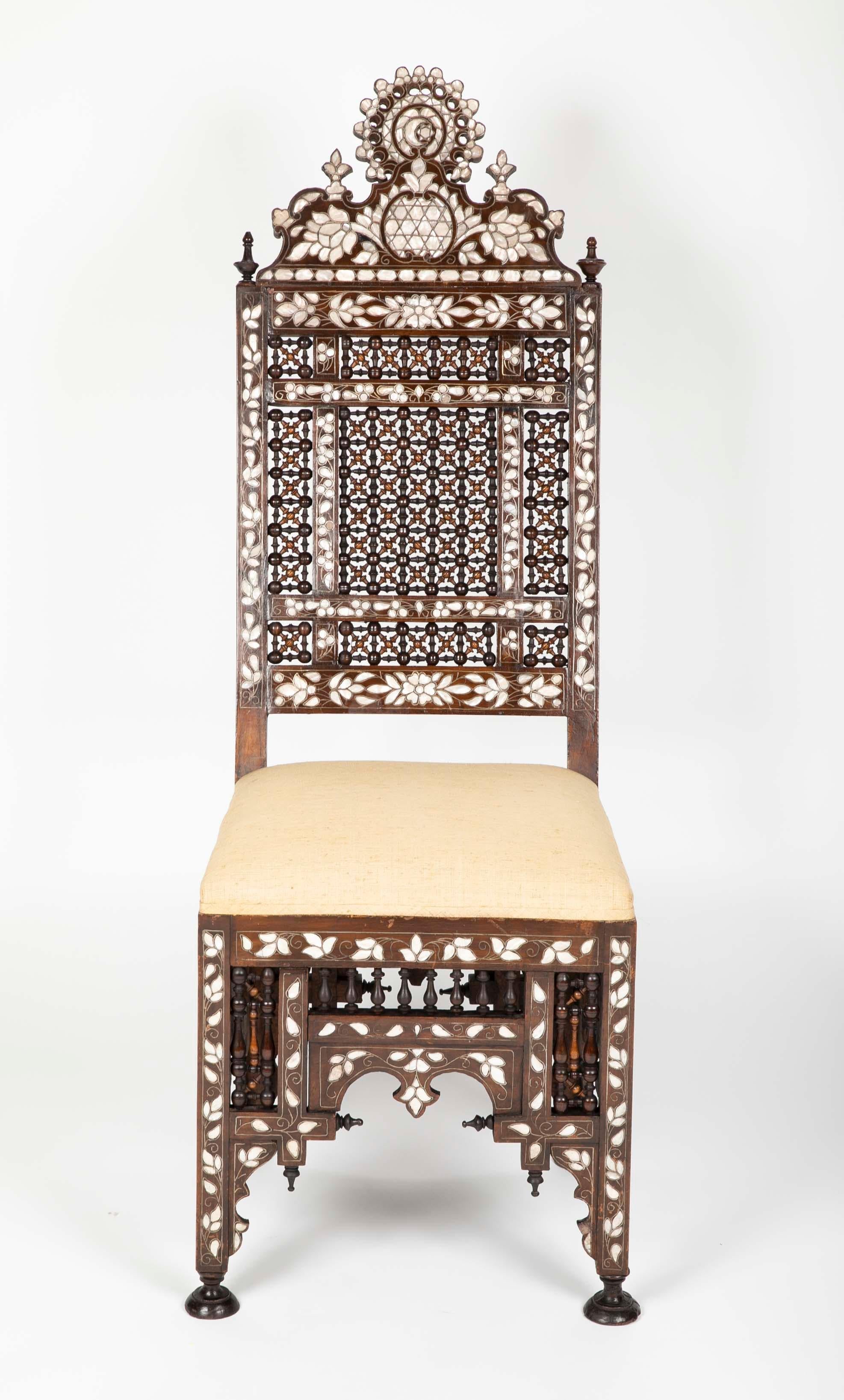 Moorish Pair of Ottoman Empire Mother-of-Pearl Inlaid Side Chairs