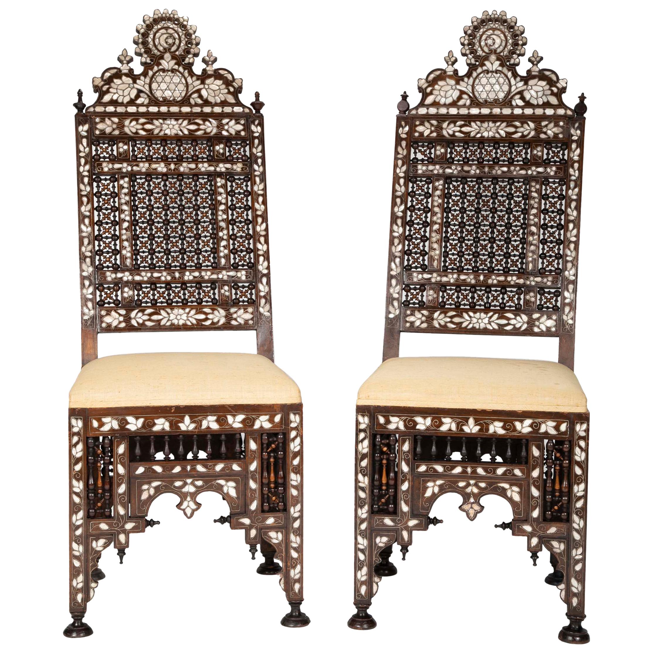 Pair of Ottoman Empire Mother-of-Pearl Inlaid Side Chairs