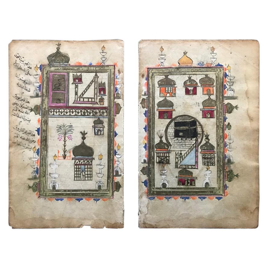 Pair of Ottoman Prayer Book Leaves of Mecca and Medina, 18th Century