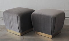 Pair of Ottomans or Poufs in Silvery Olive Green Mohair with Brass Plinth Bases