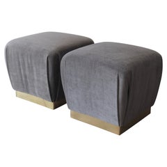 Pair of Ottomans or Poufs in Silvery Olive Green Mohair with Brass Plinth Bases