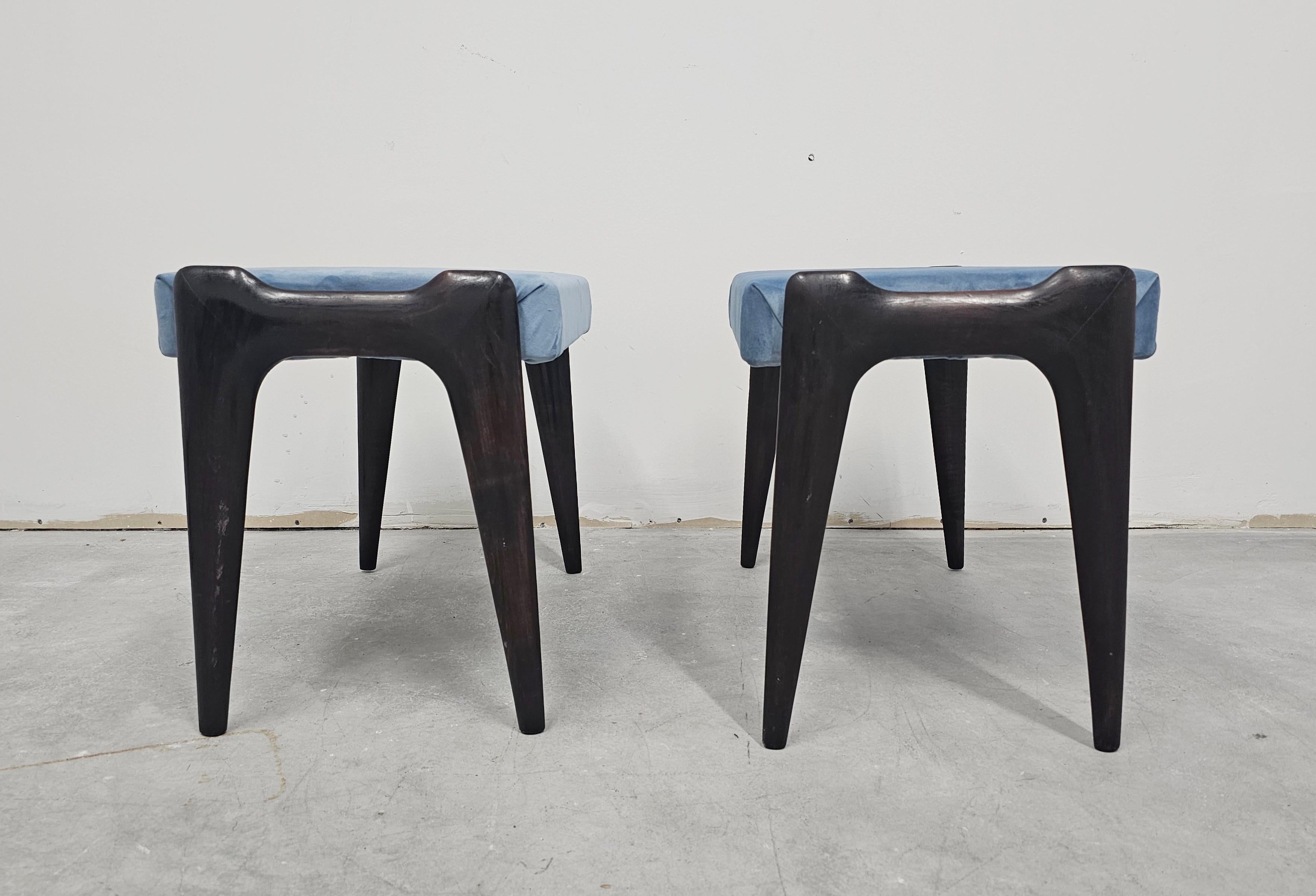 Italian Pair of Ottomans or Stools in baby blue velvet designed by Ico Parisi