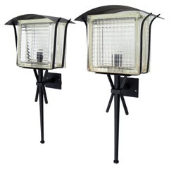 Pair of Outdoor Black Steel & Clear Glass Block Lantern Sconces, Wall Lamps 1940