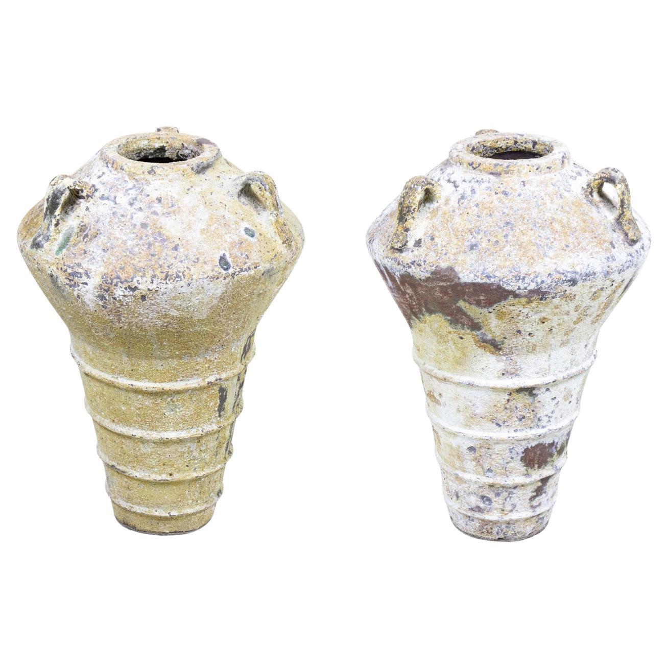 Contemporary Outdoor Cast Iron Urns, Beige and Brown Patina, Pair