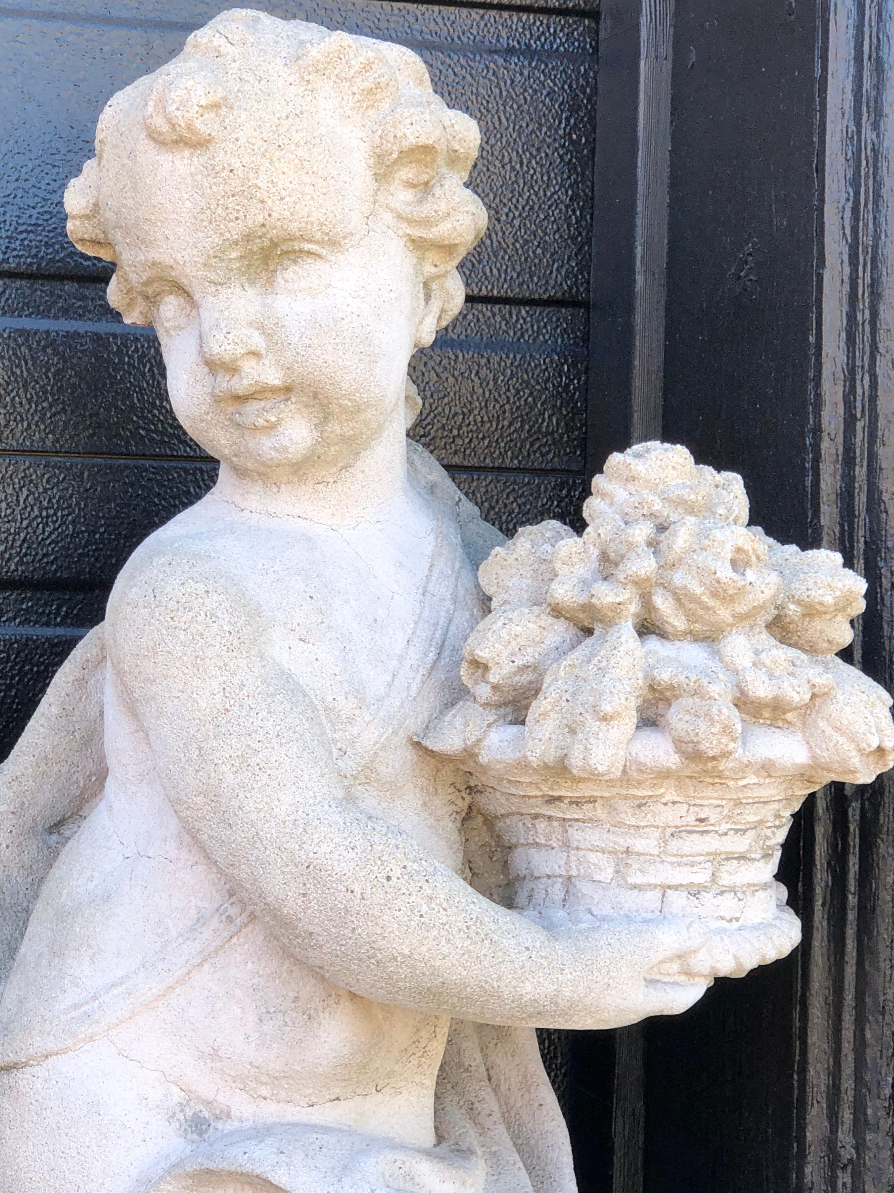 Pair of Outdoor Cement Garden Cherub Statues In Fair Condition In Manhasset, NY