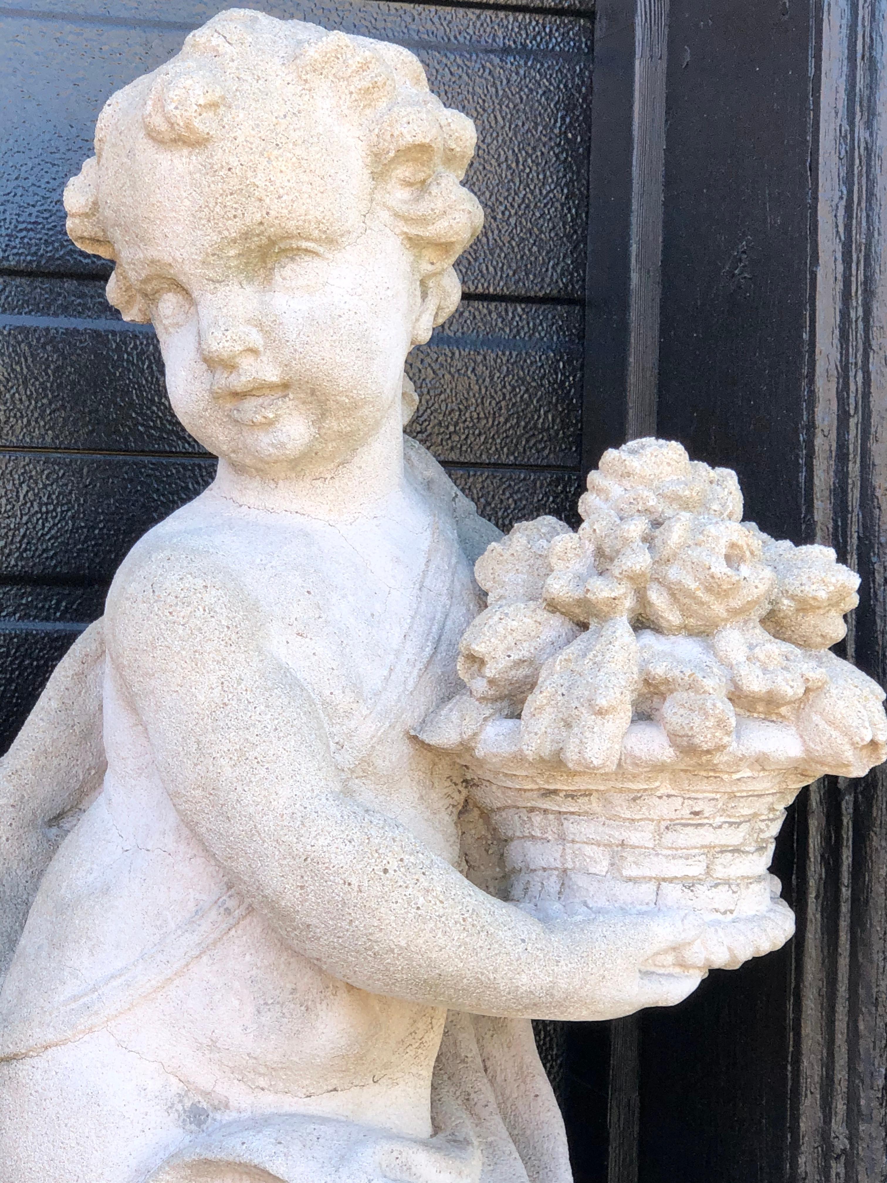 Pair of Outdoor Cement Garden Cherub Statues In Fair Condition In Stamford, CT