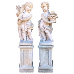 Paire de statues de chérubins en ciment pour jardin d'extérieur