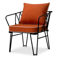 Pair of Outdoor Chairs, Black Finish, Orange Fabric.