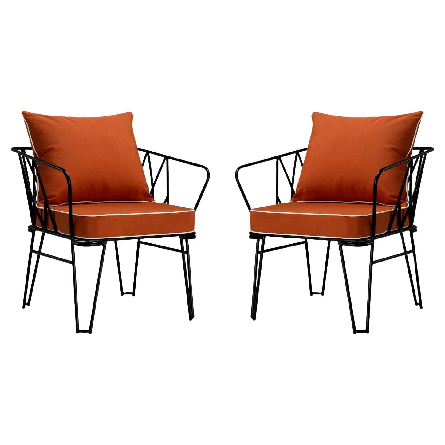 Pair of Outdoor Chairs, Black Finish, Orange Fabric.