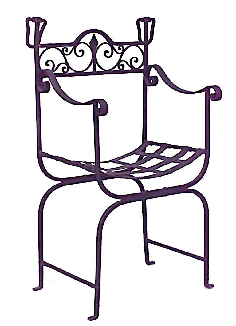 Pair of Outdoor Continental Italian style (20th Cent) black painted iron scoop seat Armchairs with scroll filigree back
