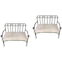 Pair of Outdoor, Indoor J-Art Iron Co Settees with Lion Heads