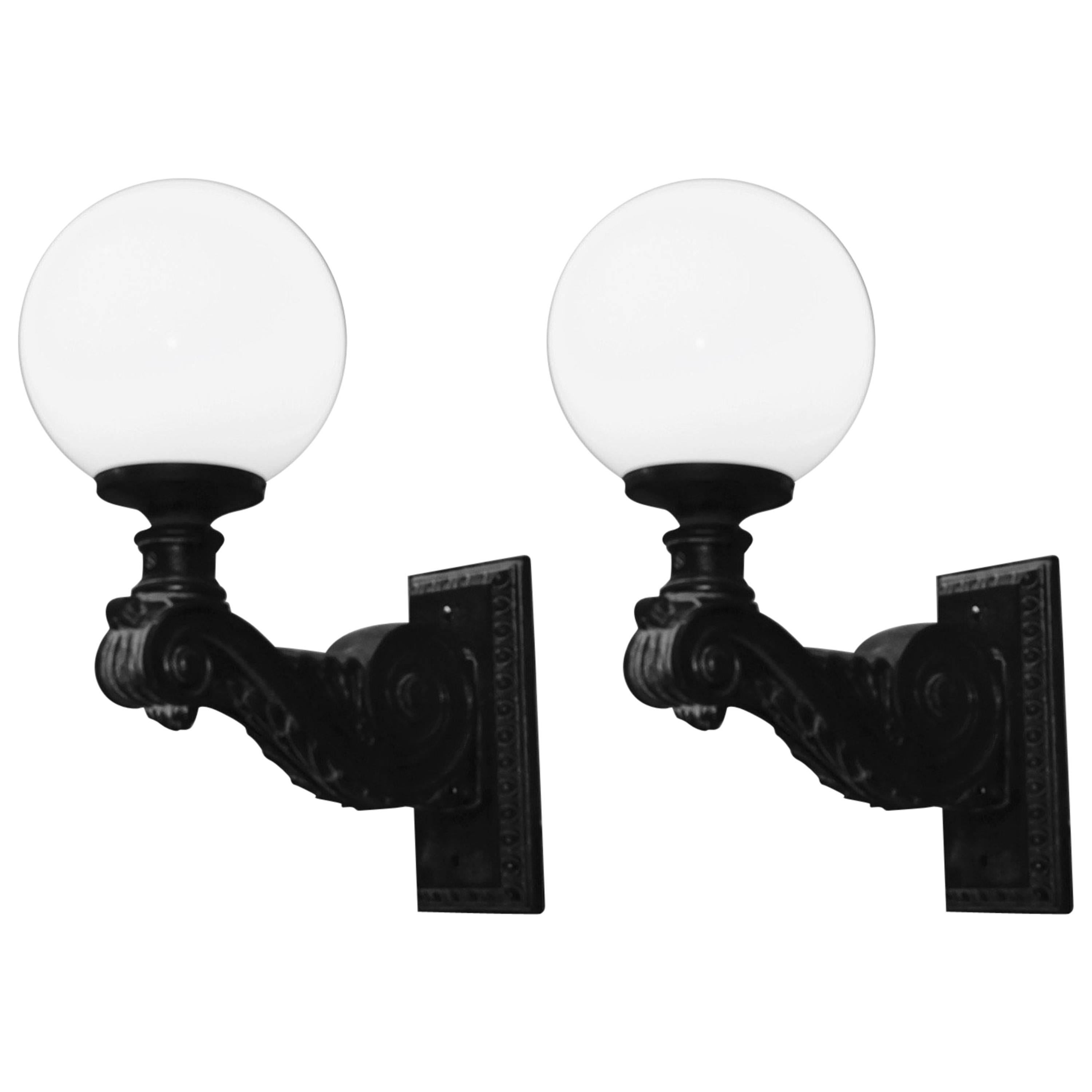 Pair of Large Outdoor Iron Sconces with Opal Global Shades, New York US, 1920 For Sale