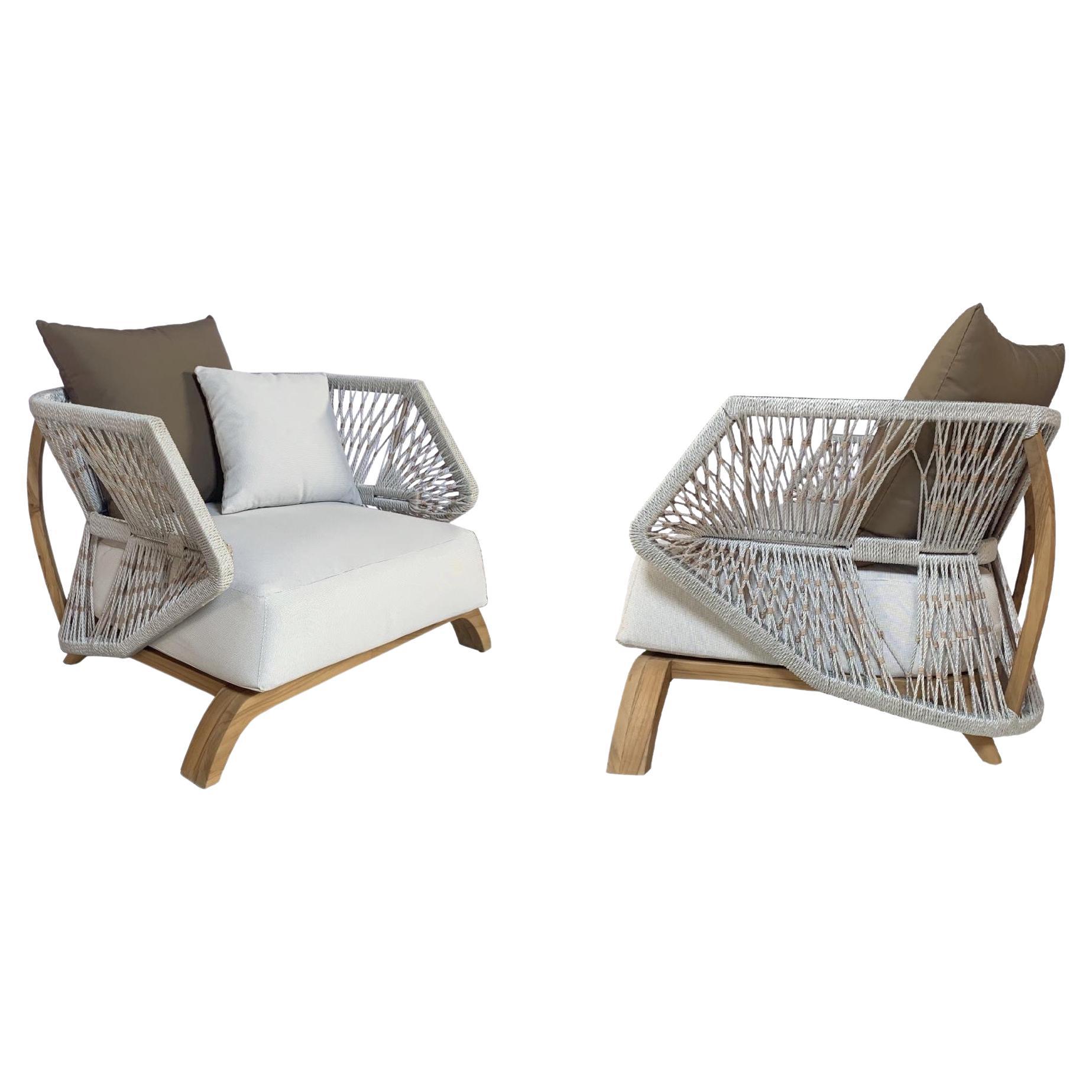 Pair of Outdoor Lounge Chairs in Handwoven Rope & Solid Teak For Sale