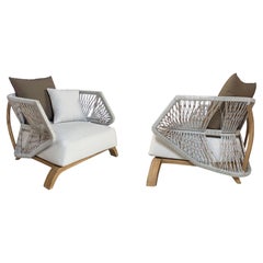 Pair of Outdoor Lounge Chairs in Handwoven Rope & Solid Teak