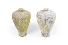 Pair of Outdoor Meiping Form Cast Iron Urns with Beige and Brown Patina
