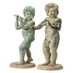 Pair of Outdoor Neo-Classical Natural Patina Iron Flute and Tambourine-Playing