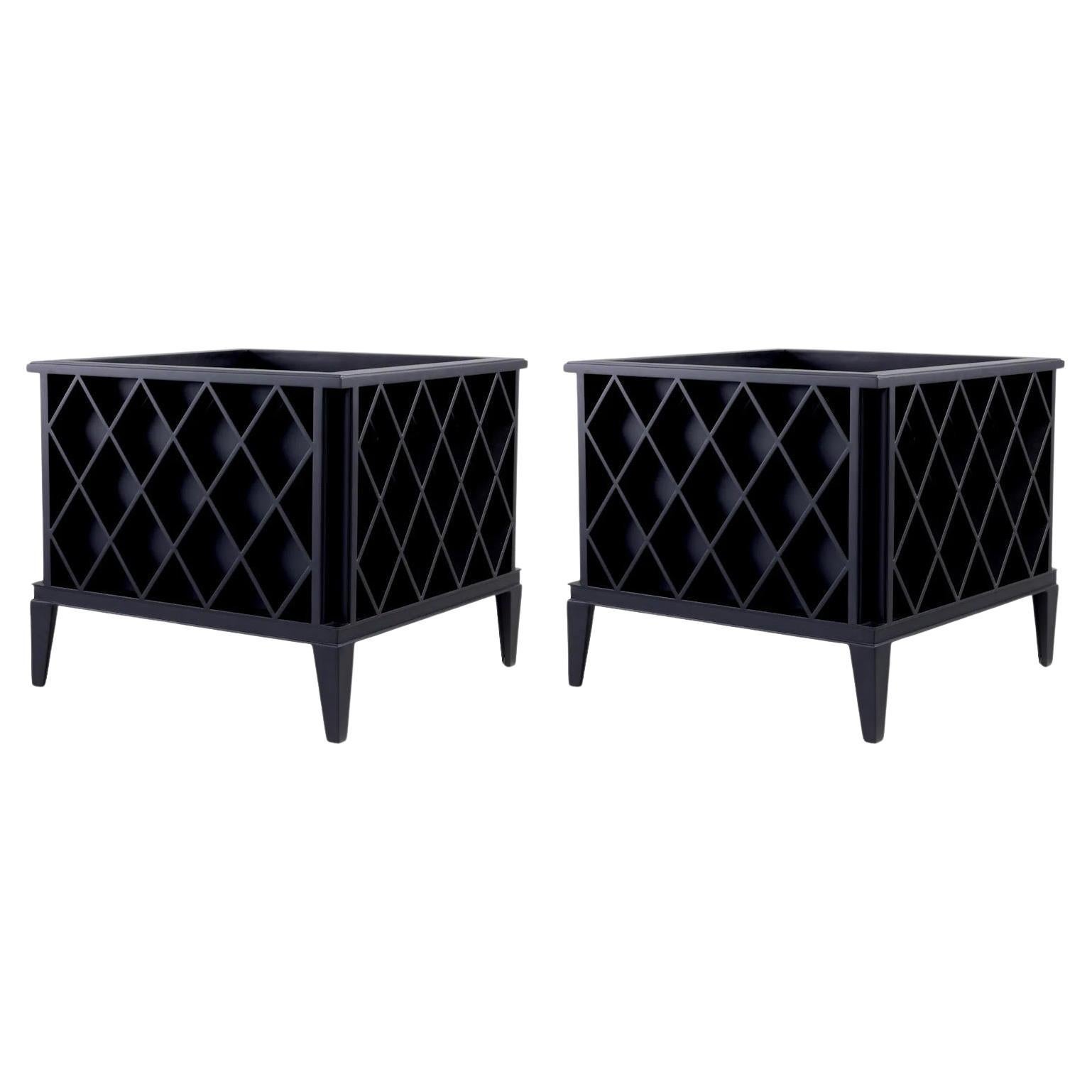 Pair of Outdoor Planters, Black Painted Metal, Modern Design. For Sale