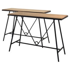 Pair of Outdoor 'Trapèze' Teak Consoles by Design Frères