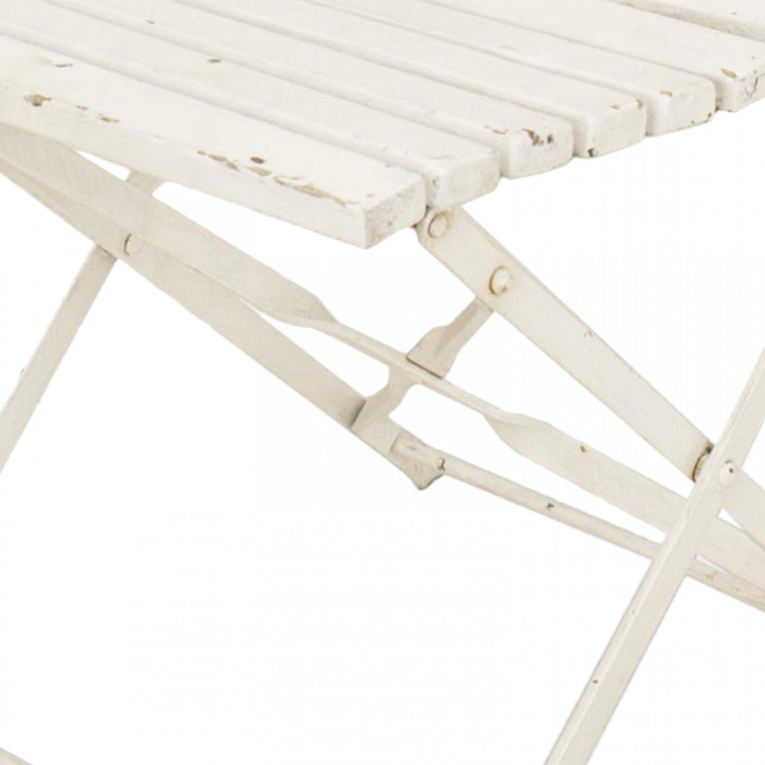 Pair of outdoor white painted folding side chairs with metal frames and 2 slat  back and 7 slat seat