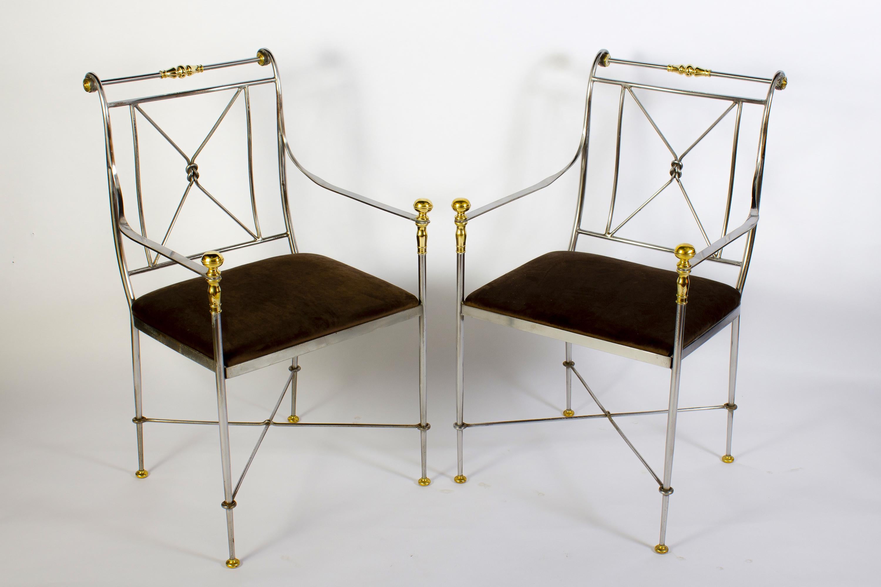 A pair of Italian steel and brass armchairs with dark velvet seats.
Made in Italy and featuring polished steel, solid cast brass.
Each chair has been masterfully welded, crafted, absolutely wonderful proportions and is comfortable.
Perfect in a