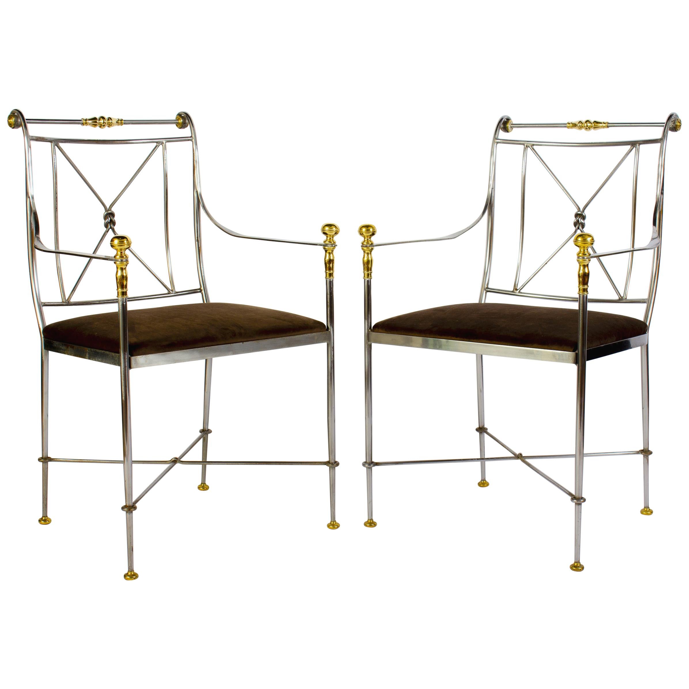Pair of Outstanding Italian Steel and Brass Armchairs, 1970s For Sale