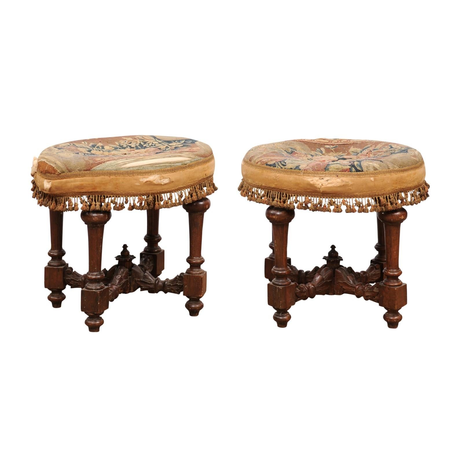 Pair of Oval 18th Century Italian Walnut Benches with Turned Legs and Tapestry Tops