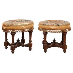 Used Pair of Oval 18th Century Italian Walnut Benches with Turned Legs 
