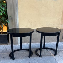 Pair of Oval Black Lacquered Side Tables/Nightstands with Black Glass Tops 1980s