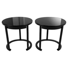 Pair of Oval Black Lacquered Side Tables/Nightstands with Black Glass Tops 1980s