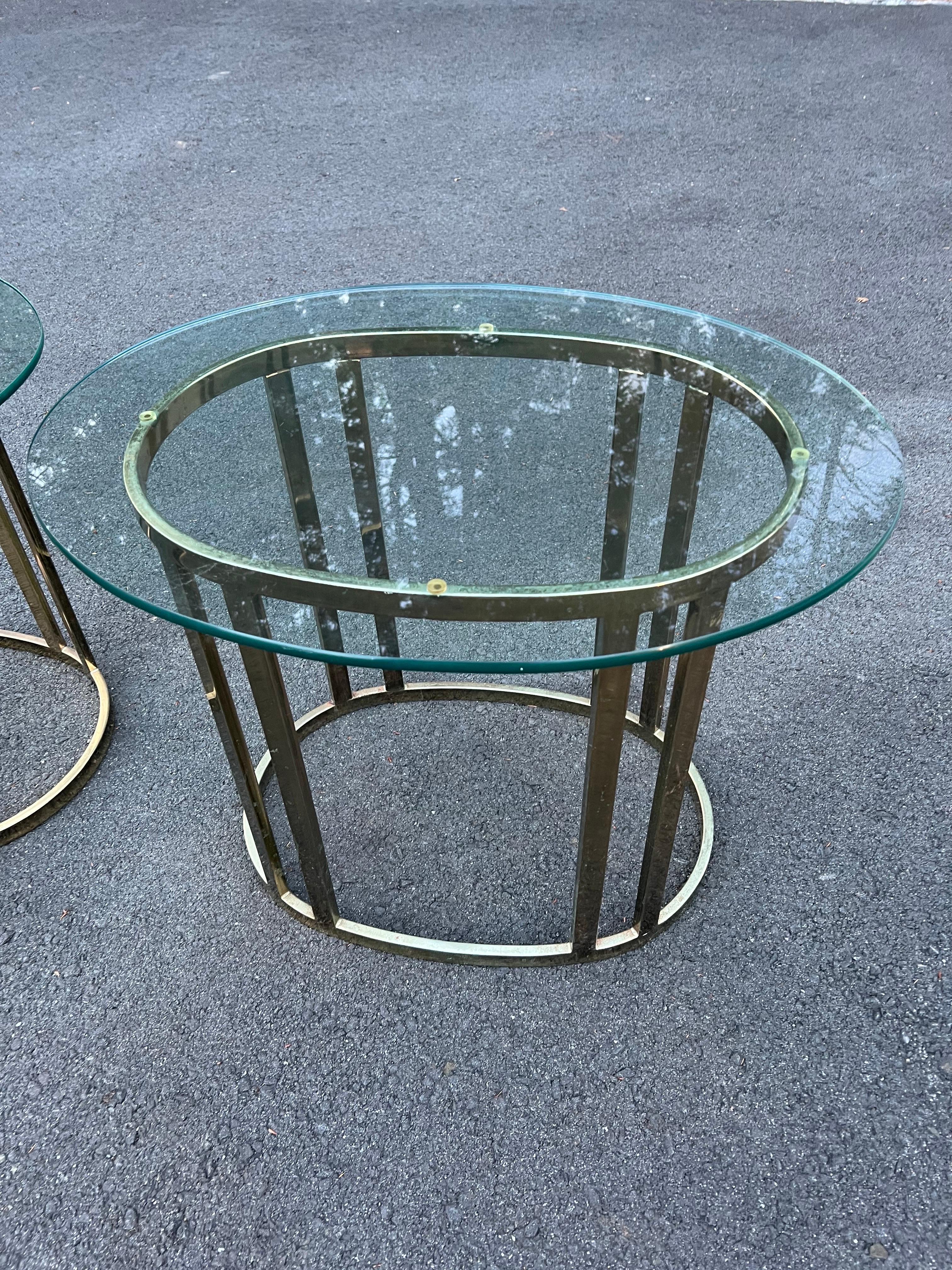 Pair of Oval Brass and Glass End Tables For Sale 6