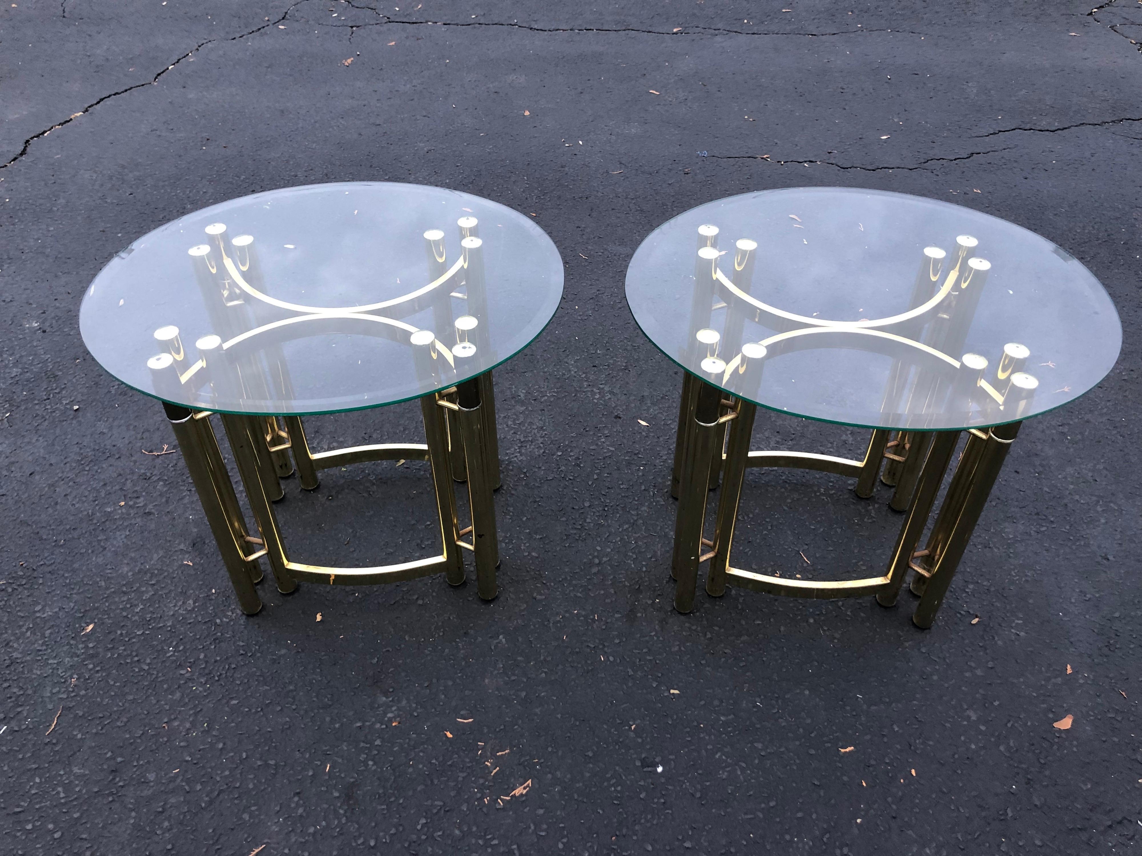 Pair of Oval Brass and Glass Side Tables-2 For Sale 1