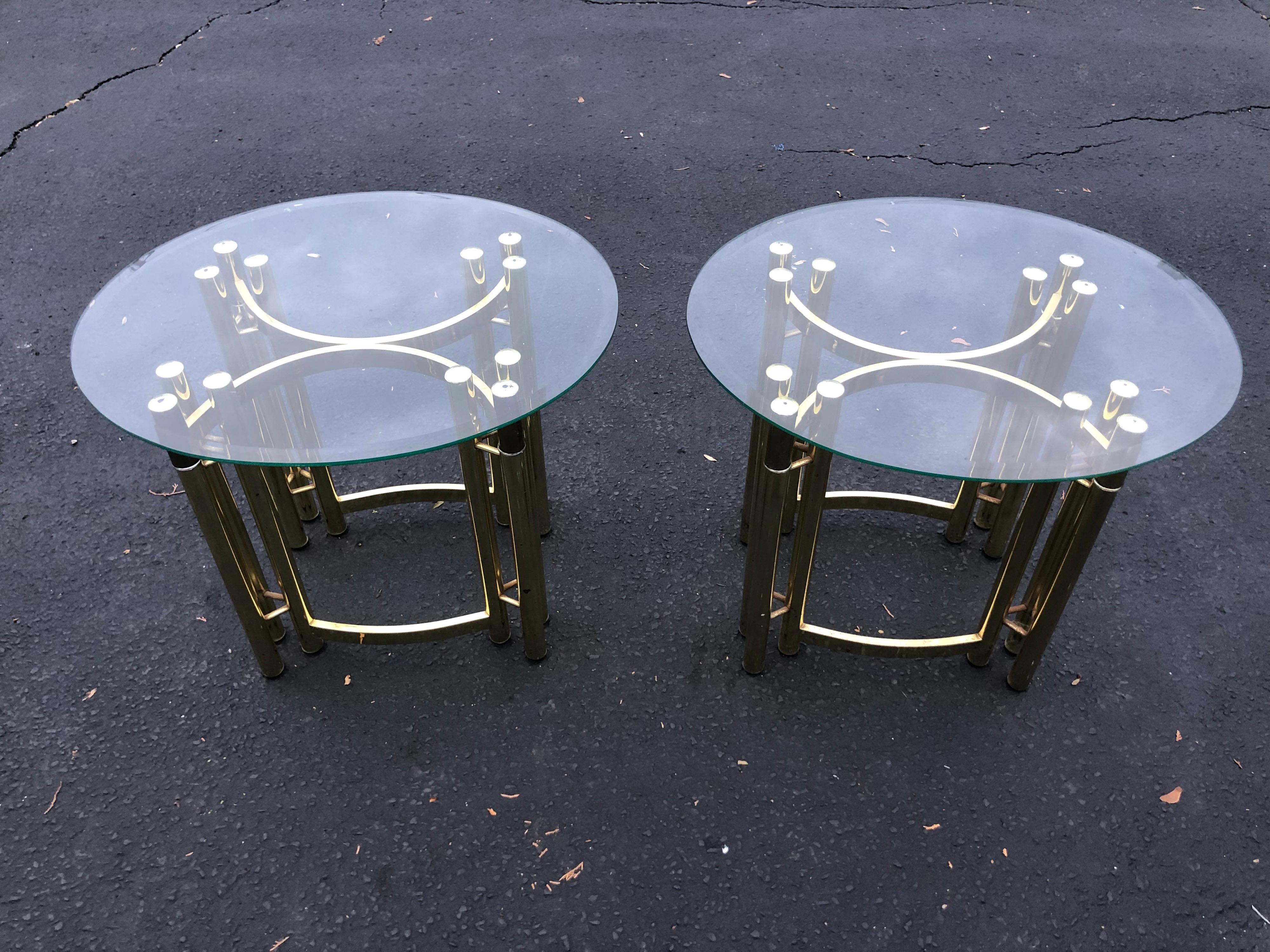Pair of Oval Brass and Glass Side Tables-2 2