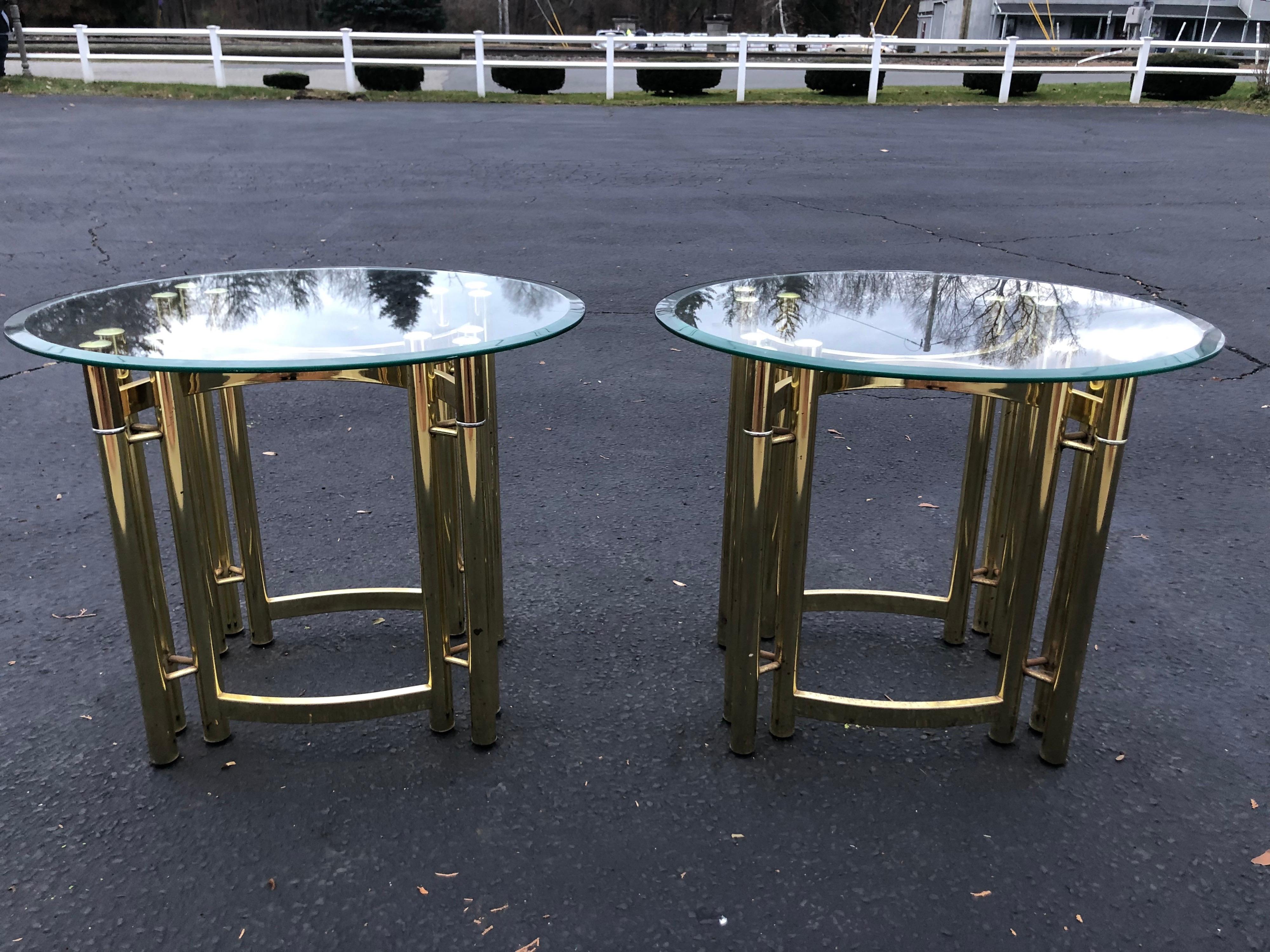 Pair of Oval Brass and Glass Side Tables-2 5