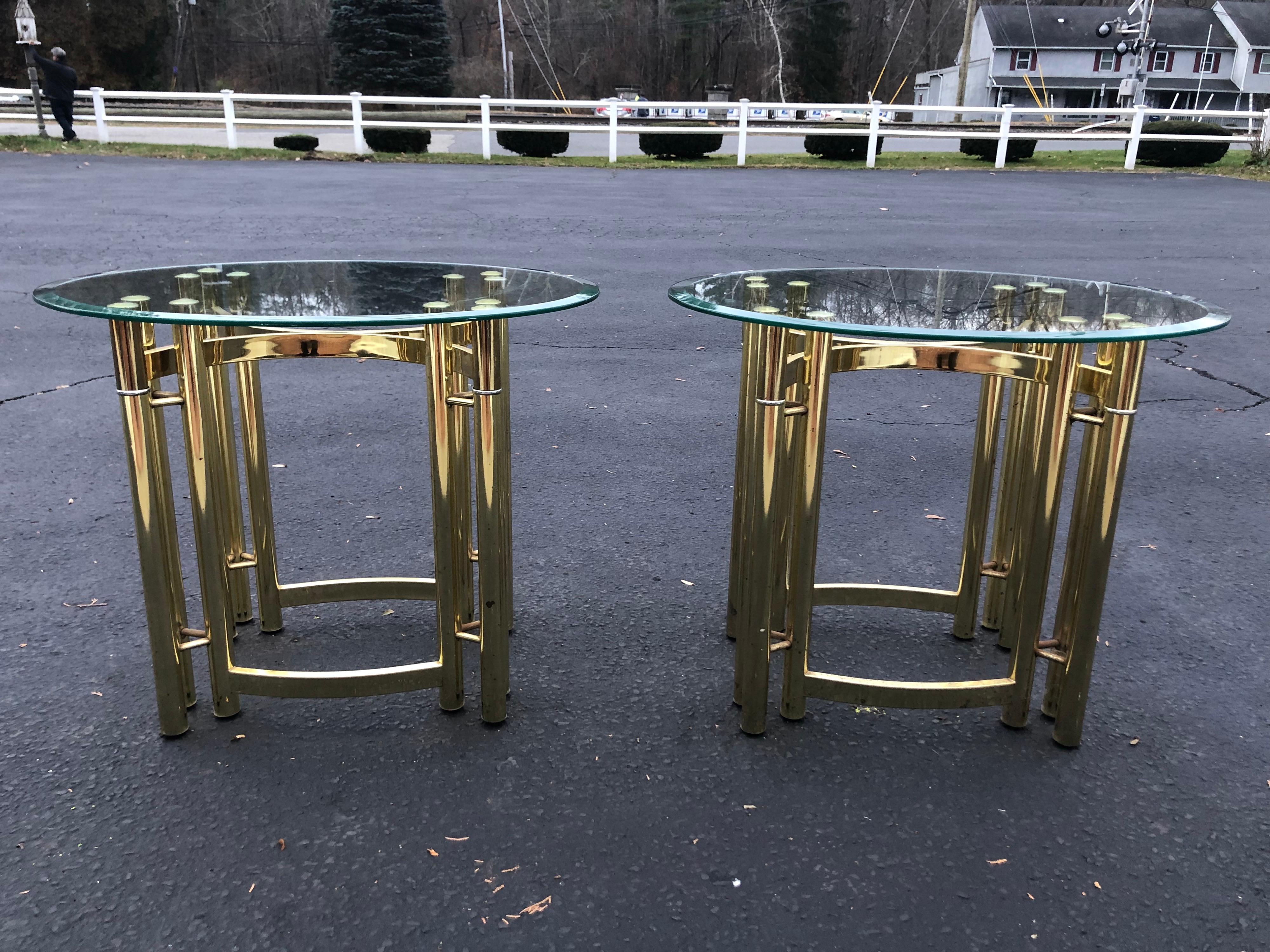 Hollywood Regency Pair of Oval Brass and Glass Side Tables-2 For Sale