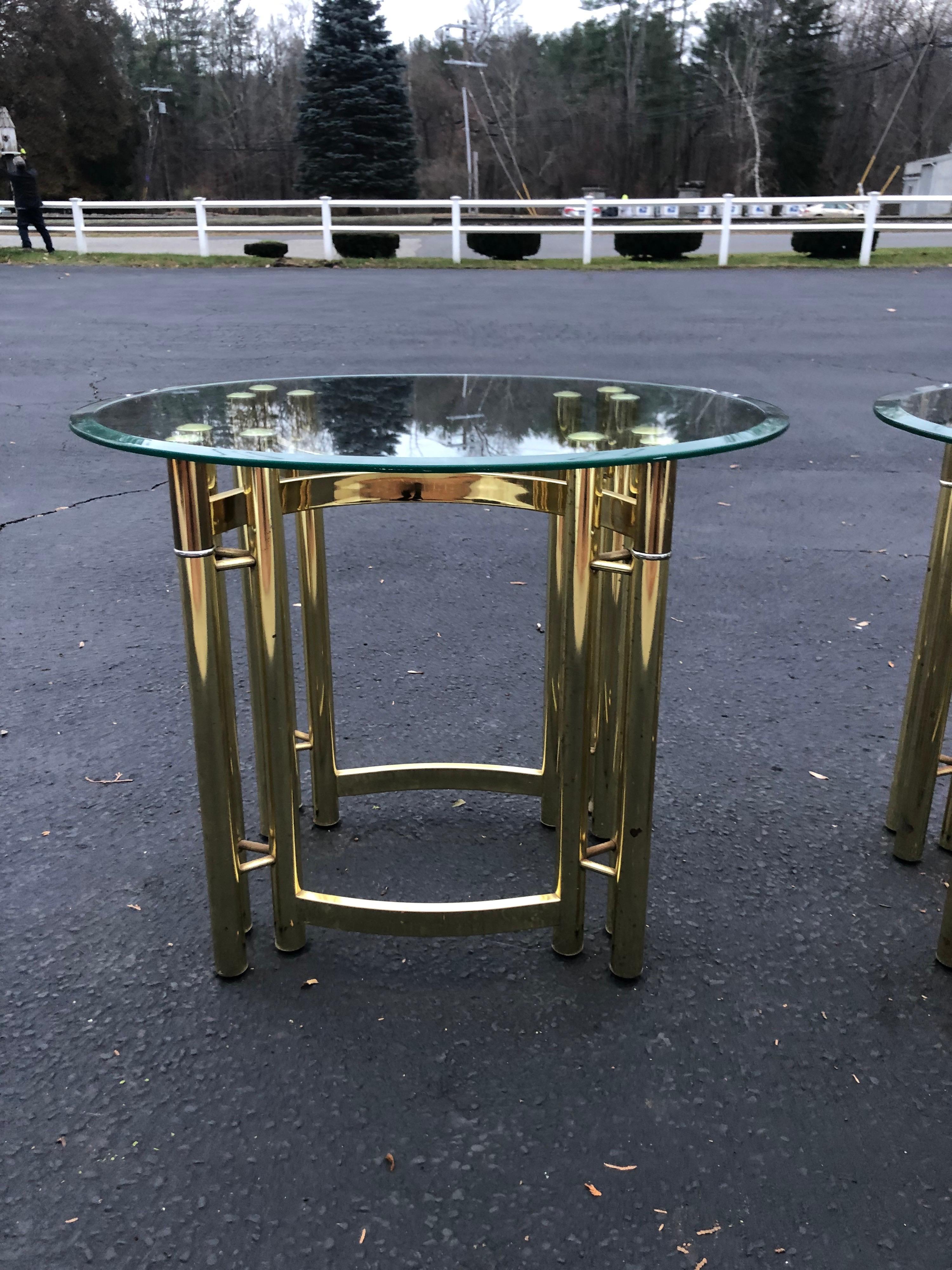 Pair of Oval Brass and Glass Side Tables-2 In Good Condition For Sale In Redding, CT