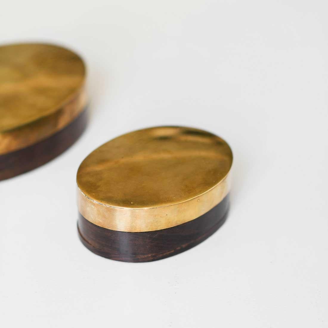 Italian Pair of oval brass and wood boxes from the 1970s