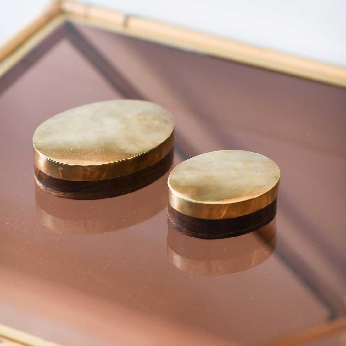 Brass Pair of oval brass and wood boxes from the 1970s