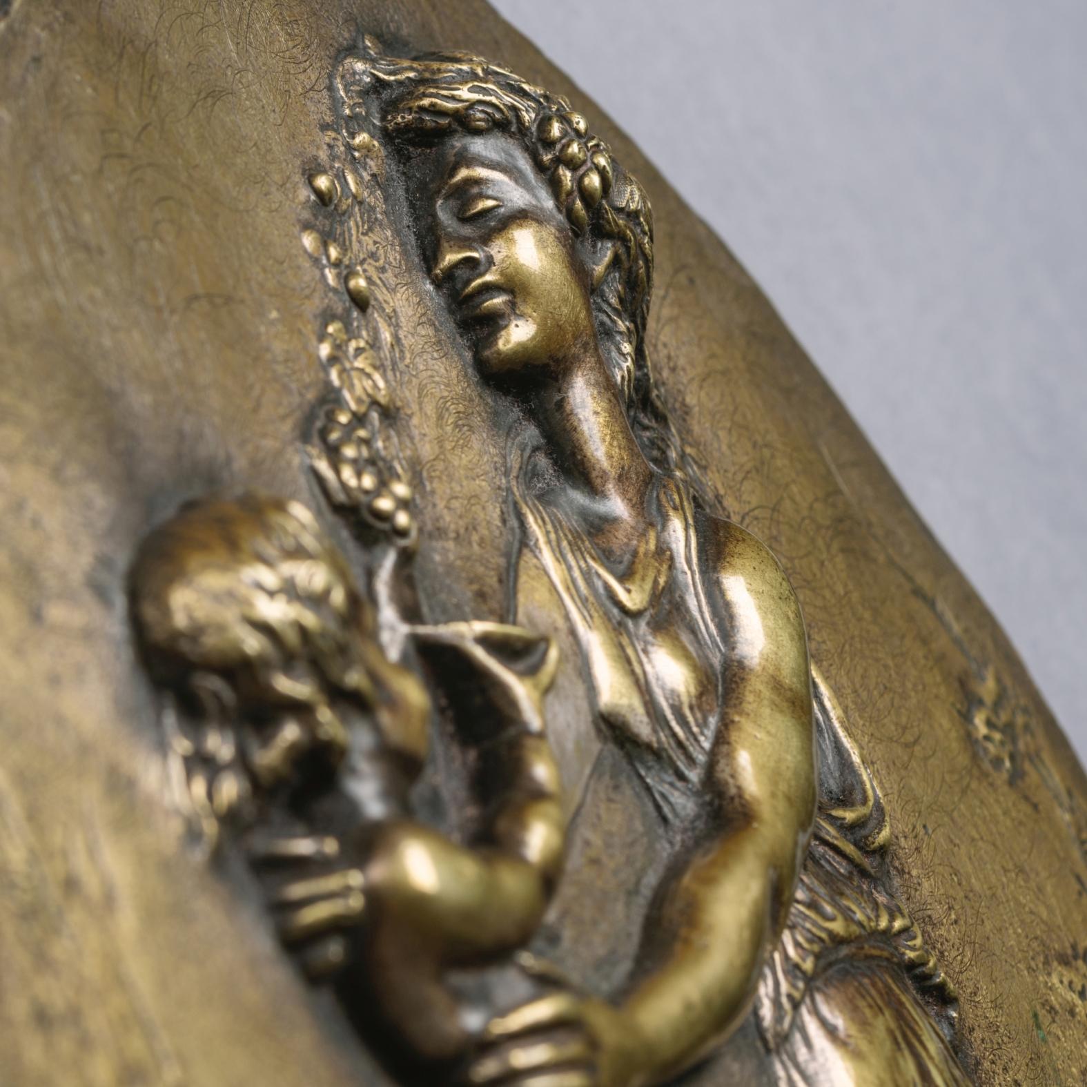 Gilt Pair of Oval Bronze Reliefs After Clodion For Sale