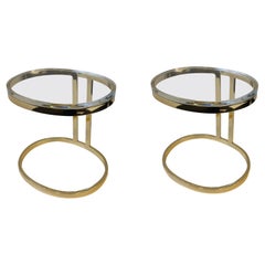 Pair of Oval Cantilever Brass and Lucite Side Tables
