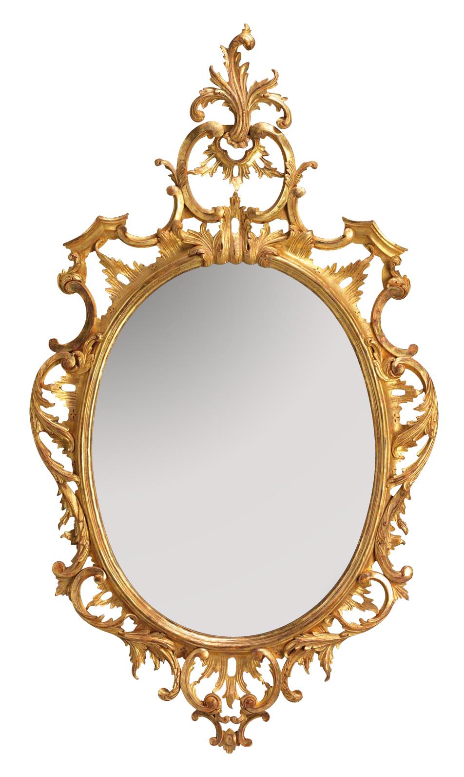 A traditional Chippendale mirror of a George III design. These carved giltwood oval mirrors have a molded frame carved with cabuchon and intertwined C-scrolls and acanthus leaf spray. It is available as standard in two sizes; large and small -