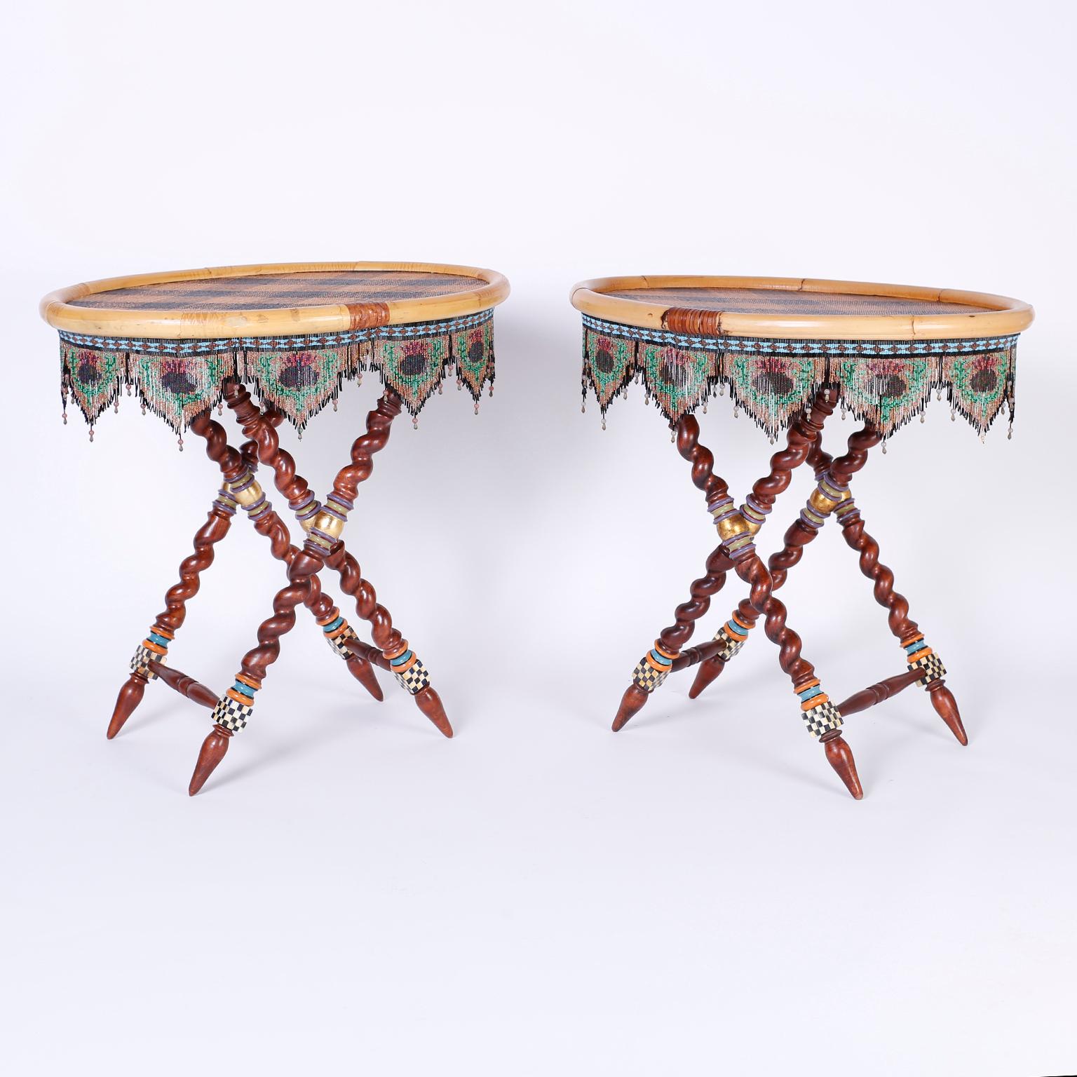 British Colonial Pair of Oval Collapsible Tray Top Tables in Wicker and Bamboo