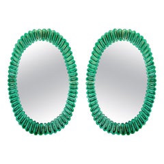 Pair of Oval Emerald Green Murano Glass Mirror, in Stock