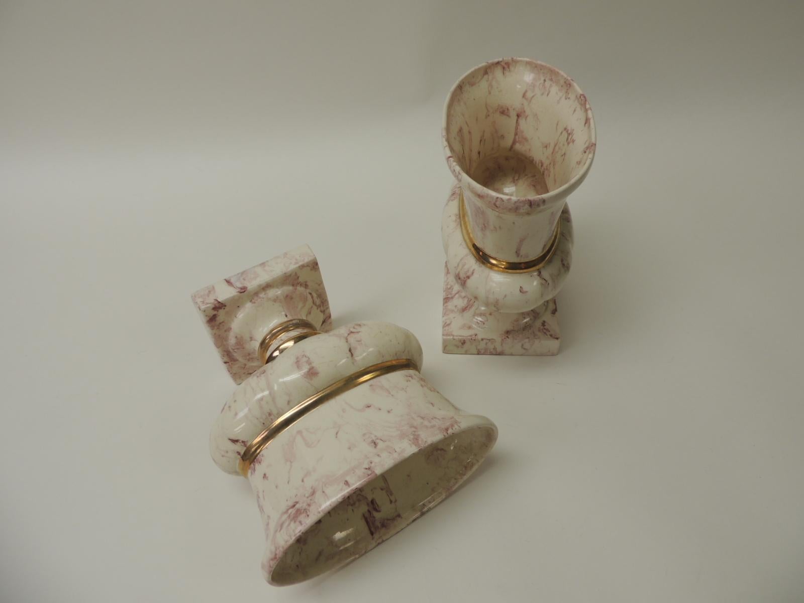 American Pair of Oval Faux Marbleize Vintage Pink Vases or Urns