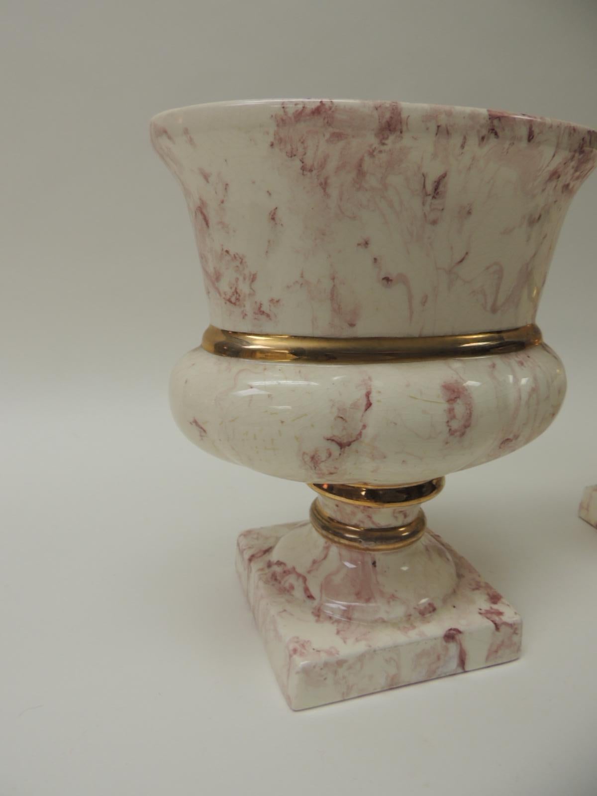 Late 20th Century Pair of Oval Faux Marbleize Vintage Pink Vases or Urns