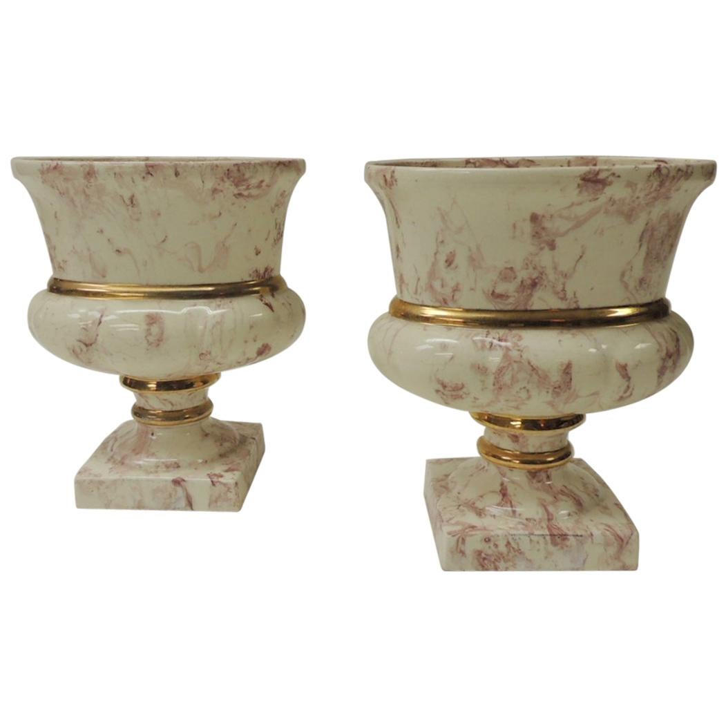 Pair of Oval Faux Marbleize Vintage Pink Vases or Urns