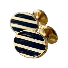 Oval Cufflinks with Bands of High Fired Black Enamel-A Pair