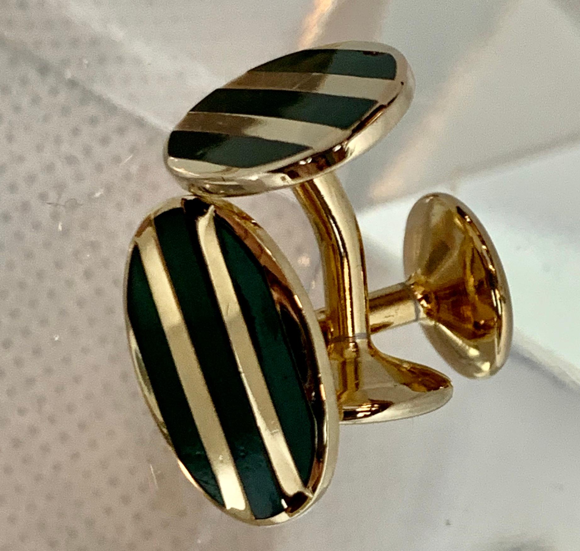 Edwardian Oval Cufflinks with High Fired Green Enamel Stripes-Gold Filled 