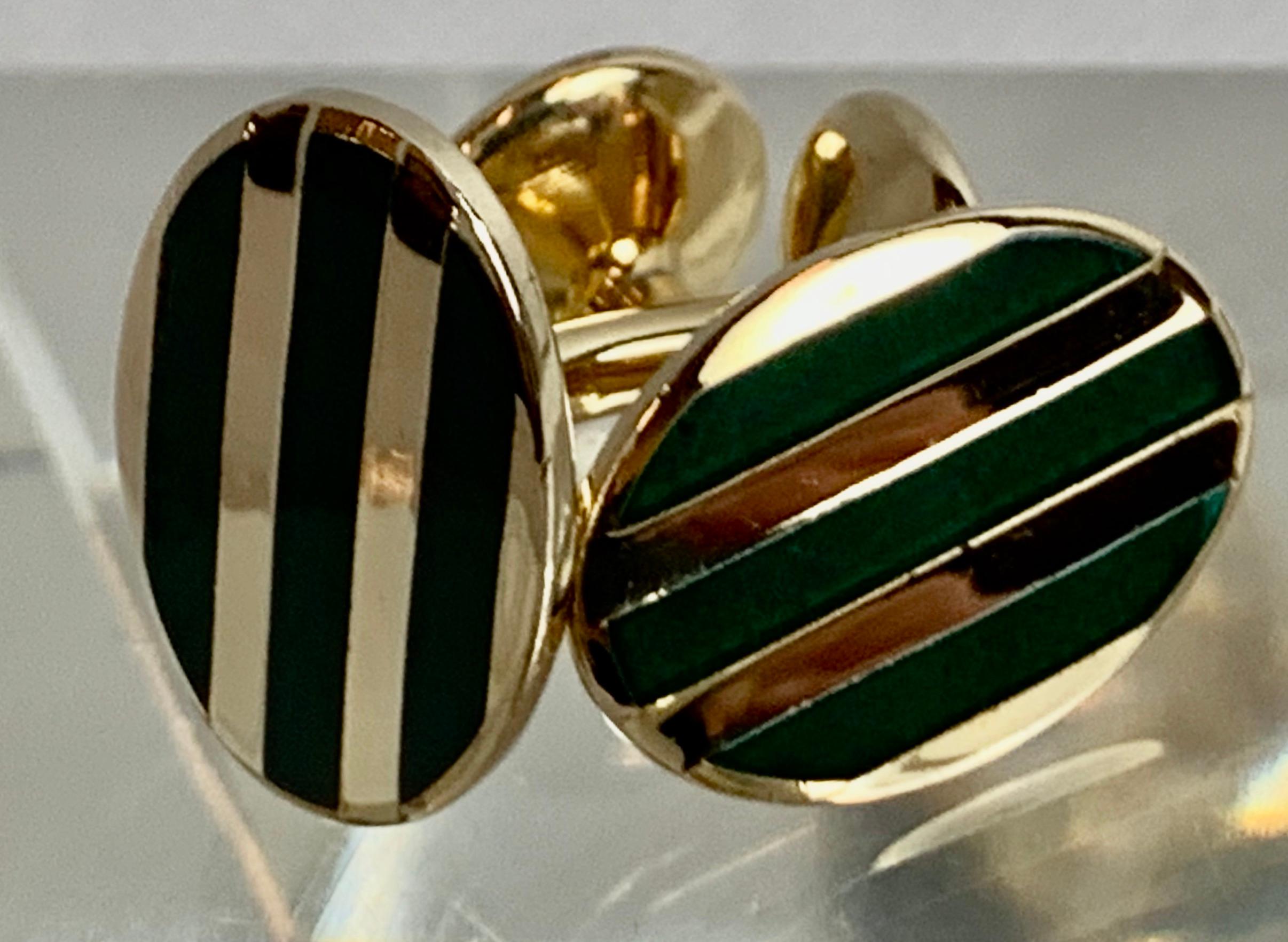 Women's or Men's Oval Cufflinks with High Fired Green Enamel Stripes-Gold Filled 