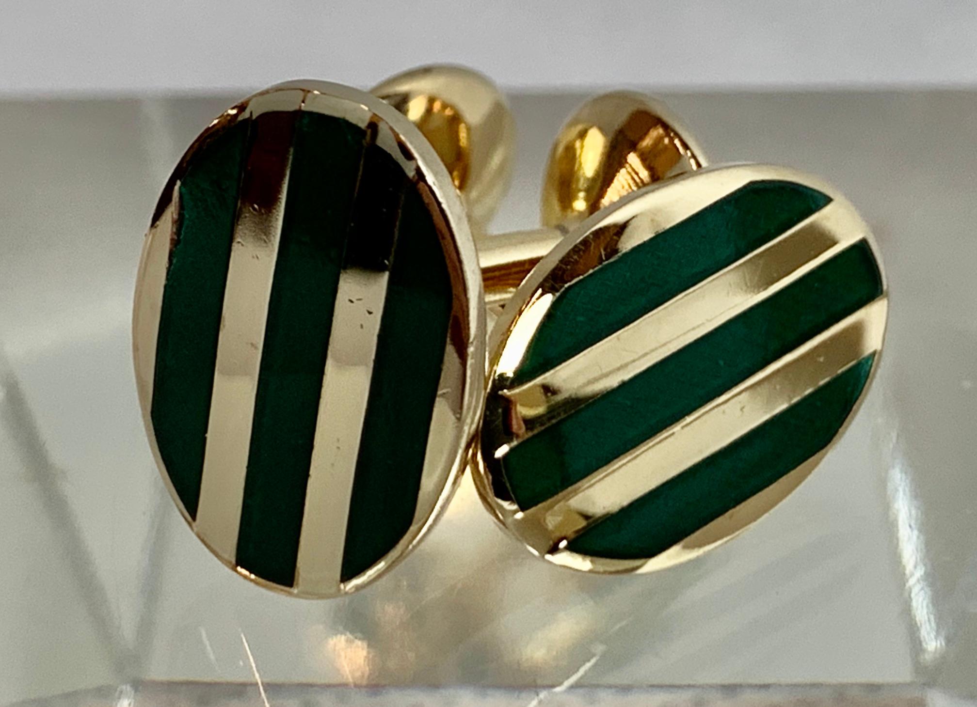 Oval Cufflinks with High Fired Green Enamel Stripes-Gold Filled  1